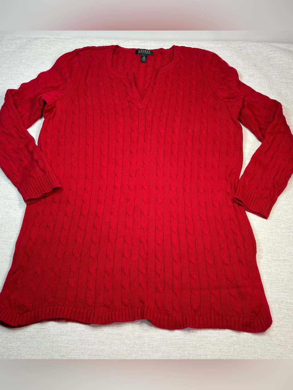 Lauren Ralph Lauren women 1X Red Cable knit V-Neck Sweater cotton long sleeve